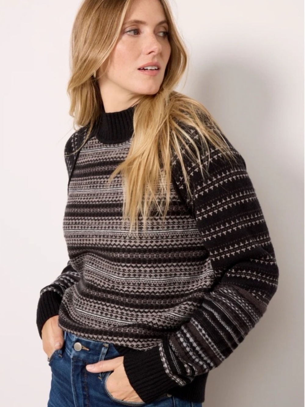 NWT EVEREVE Lyric Fair Isle Pullover Mockneck Black Sweater